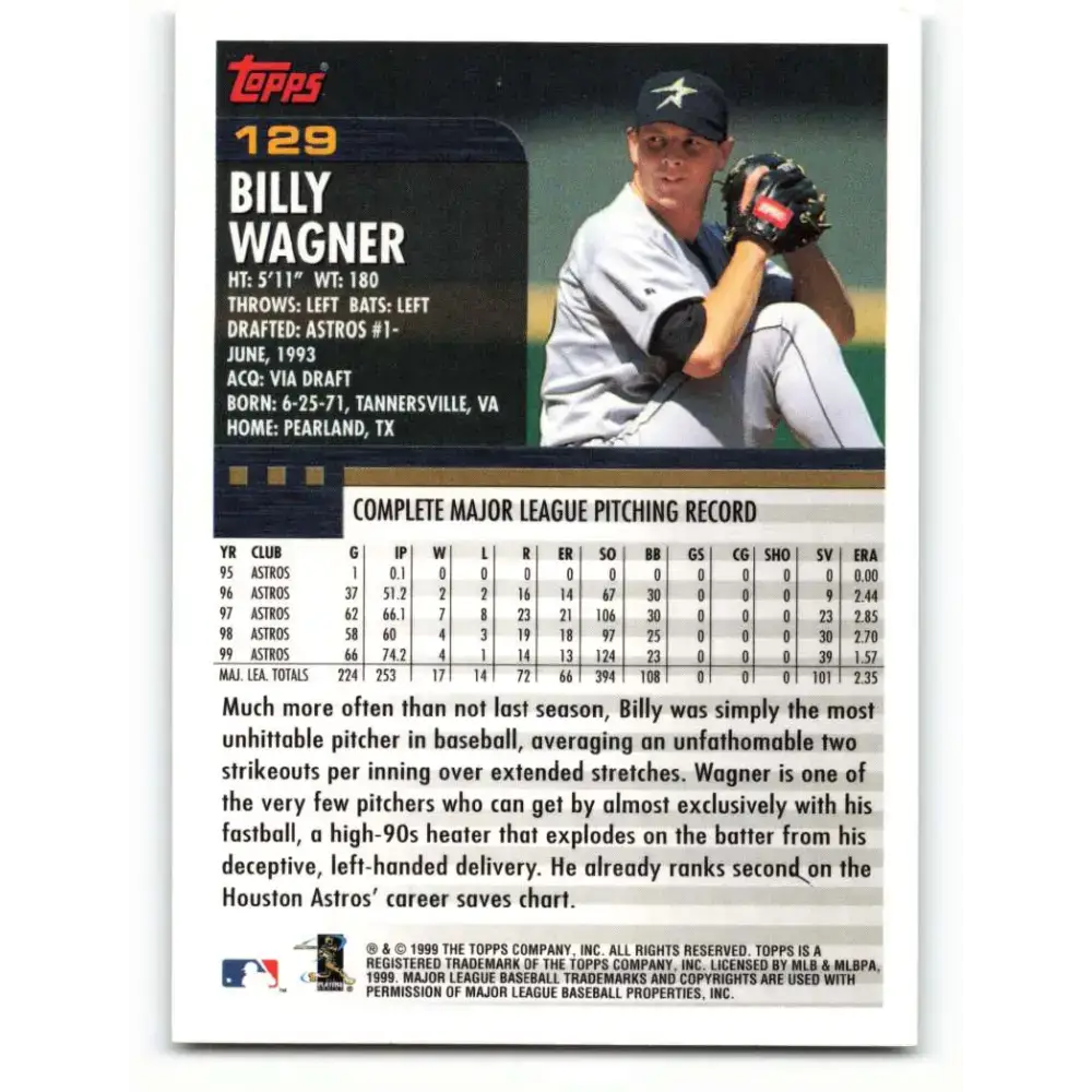 2000 Topps #129 Billy Wagner EX Excellent Houston Astros Baseball Card - Baseball Card Single