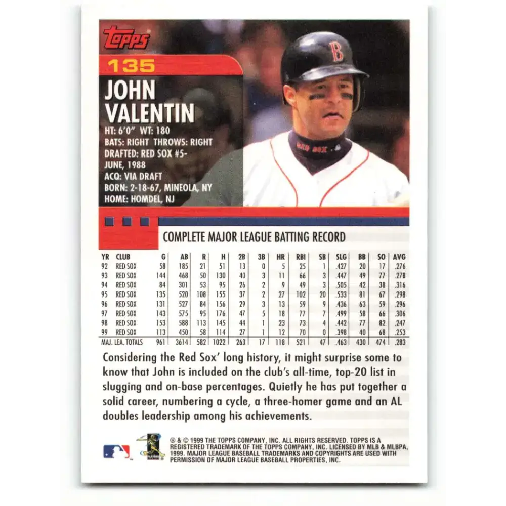2000 Topps #135 John Valentin EX Excellent Boston Red Sox Baseball Card - Baseball Card Single