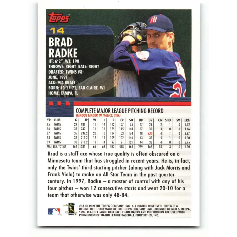2000 Topps #14 Brad Radke EX Excellent Minnesota Twins Baseball Card - Baseball Card Single