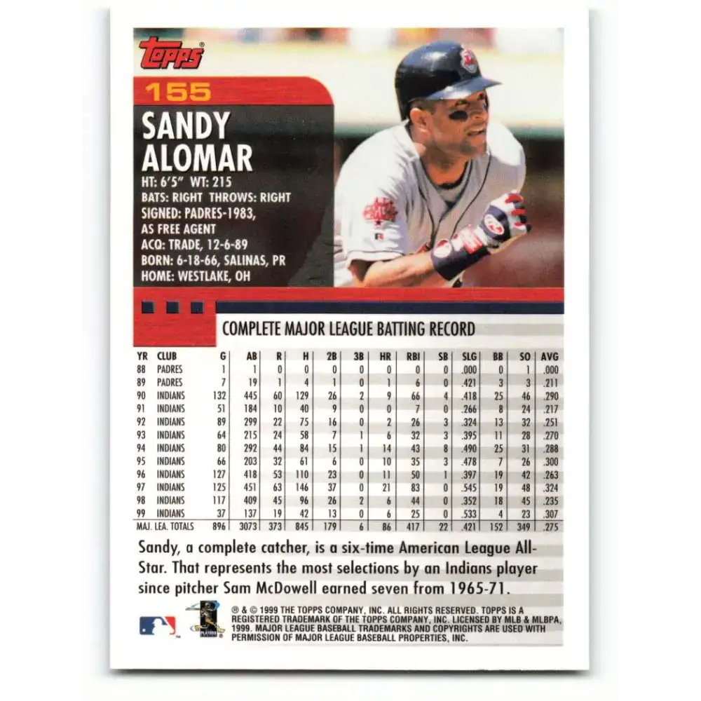 2000 Topps #155 Sandy Alomar Jr. EX Excellent Cleveland Indians Baseball Card - Baseball Card Single