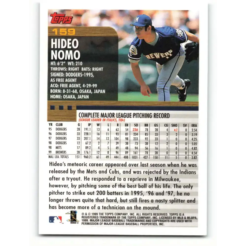 2000 Topps #159 Hideo Nomo EX Excellent Milwaukee Brewers Baseball Card - Baseball Card Single