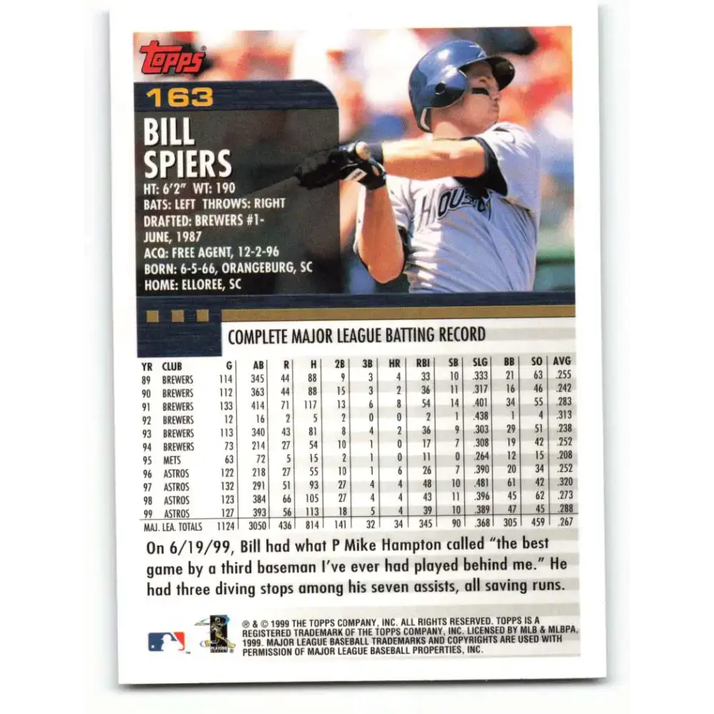 2000 Topps #163 Bill Spiers EX Excellent Houston Astros Baseball Card - Baseball Card Single