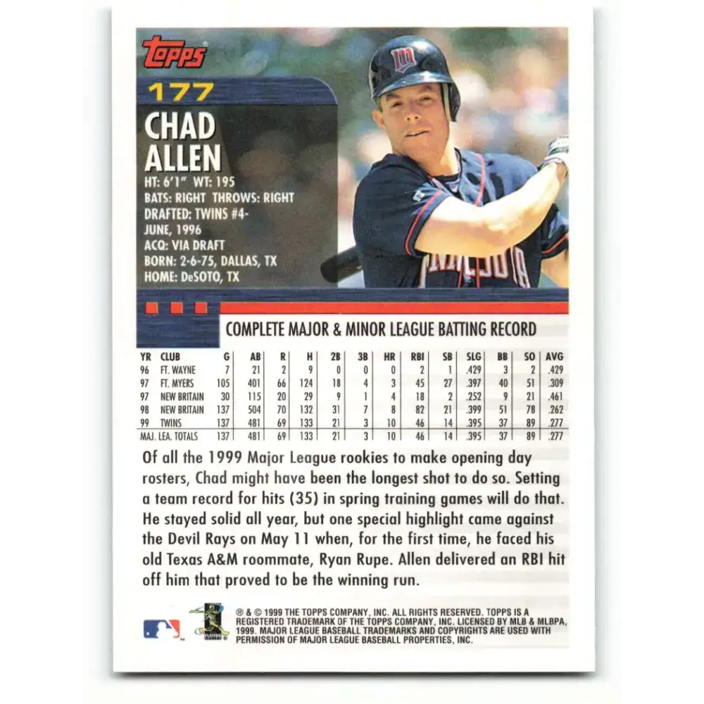 2000 Topps #177 Chad Allen EX Excellent Minnesota Twins Baseball Card - Baseball Card Single