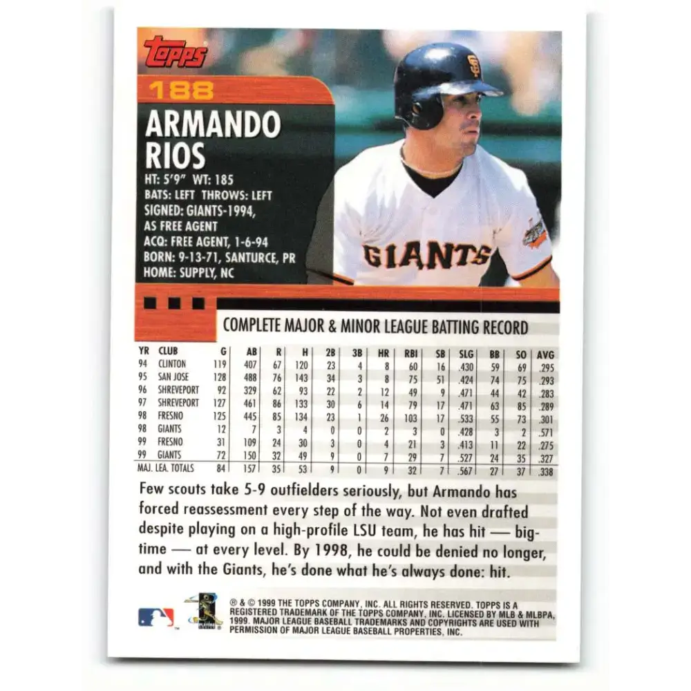 2000 Topps #188 Armando Rios EX Excellent San Francisco Giants Baseball Card - Baseball Card Single