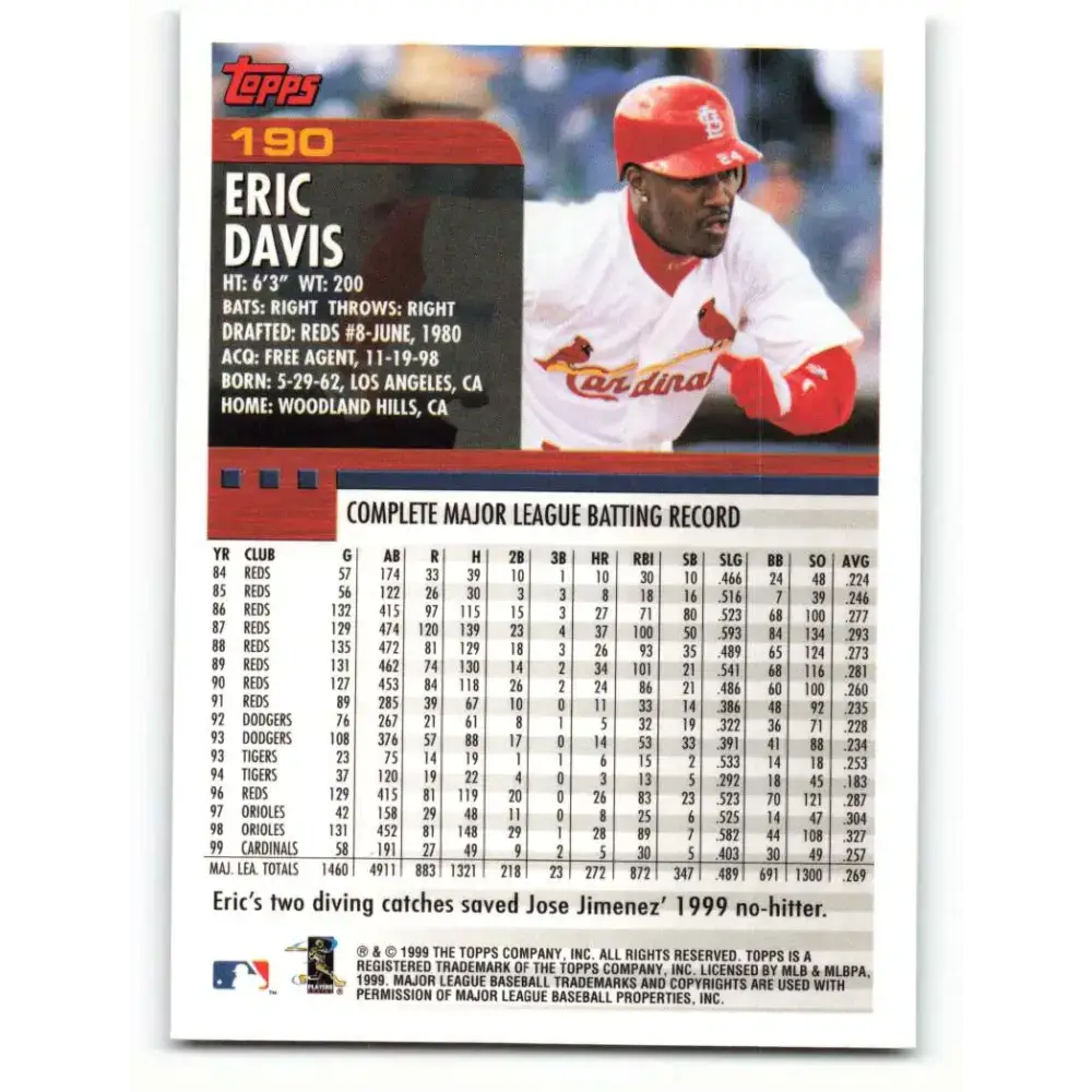 2000 Topps #190 Eric Davis EX Excellent St. Louis Cardinals Baseball Card - Baseball Card Single