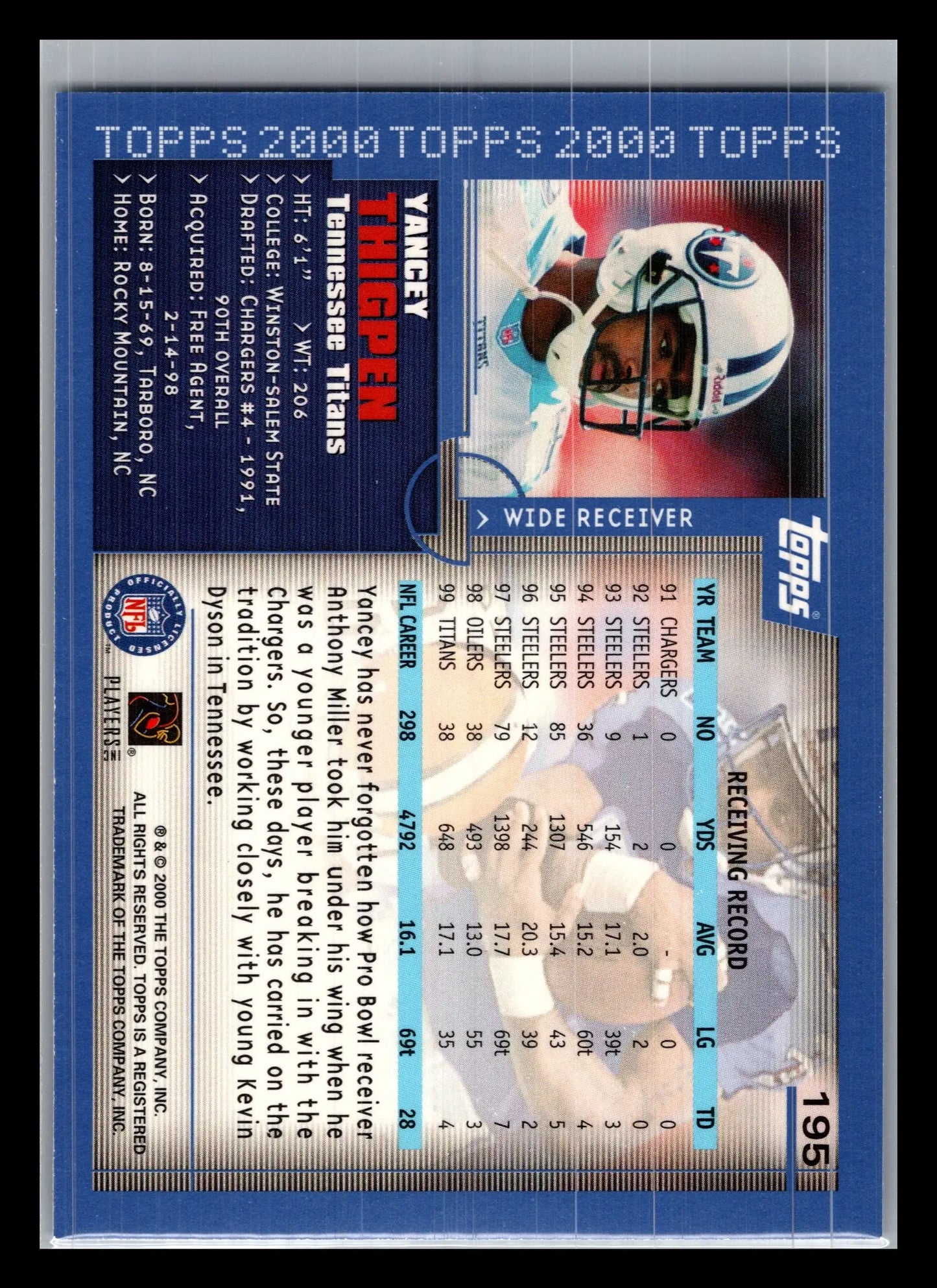 2000 Topps #195 Yancey Thigpen Tennessee Titans - Football Card Single