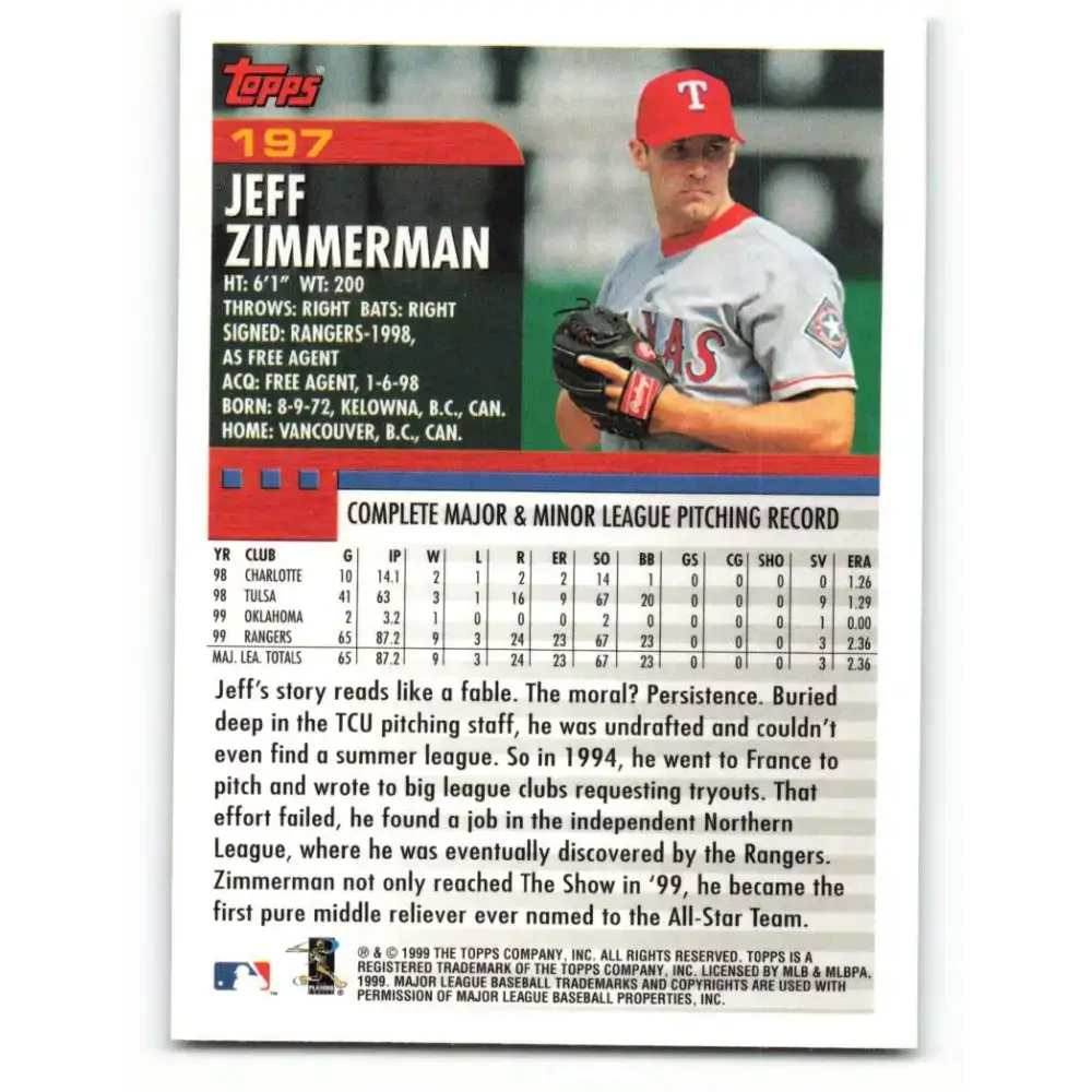2000 Topps #197 Jeff Zimmerman EX Excellent Texas Rangers Baseball Card - Baseball Card Single
