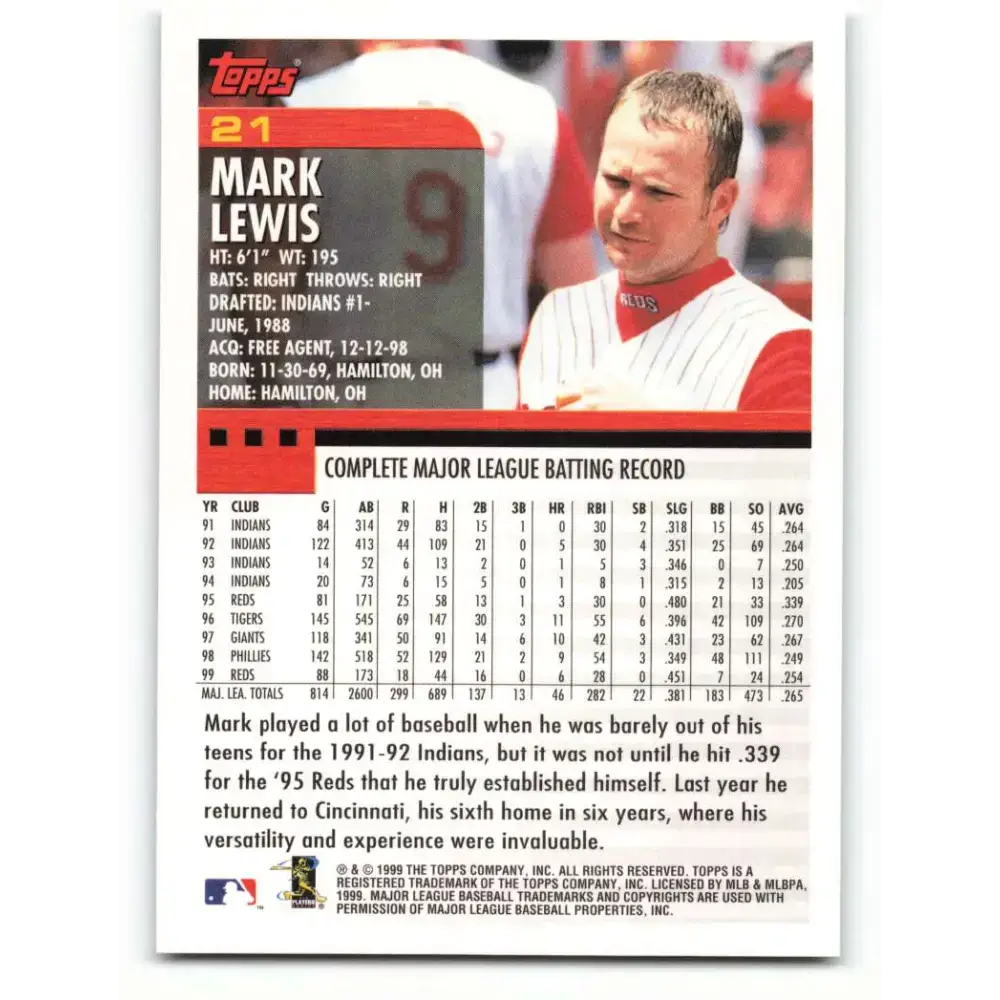 2000 Topps #21 Mark Lewis EX Excellent Cincinnati Reds Baseball Card - Baseball Card Single