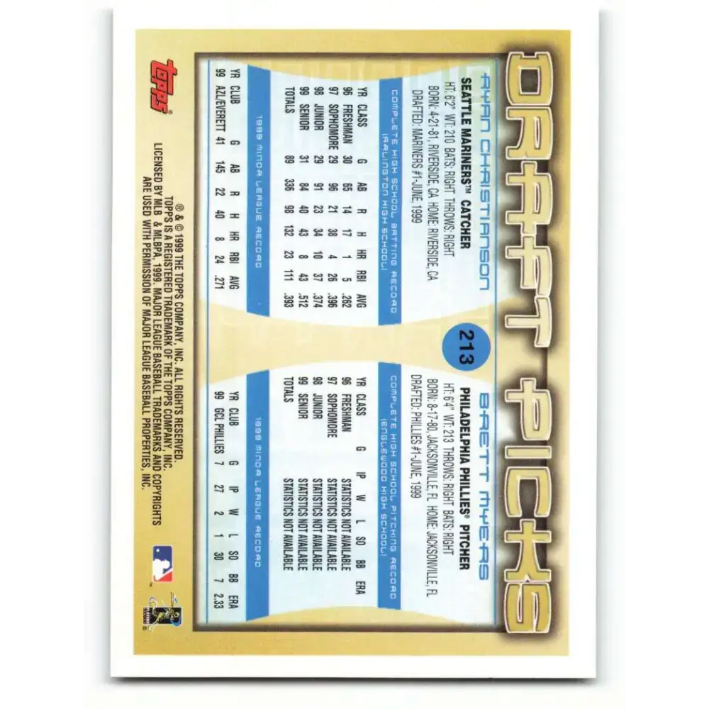 2000 Topps #213 Ryan Christianson/Brett Myers EX Excellent RC Rookie Seattle Mariners/Philadelphia Phillies Baseball