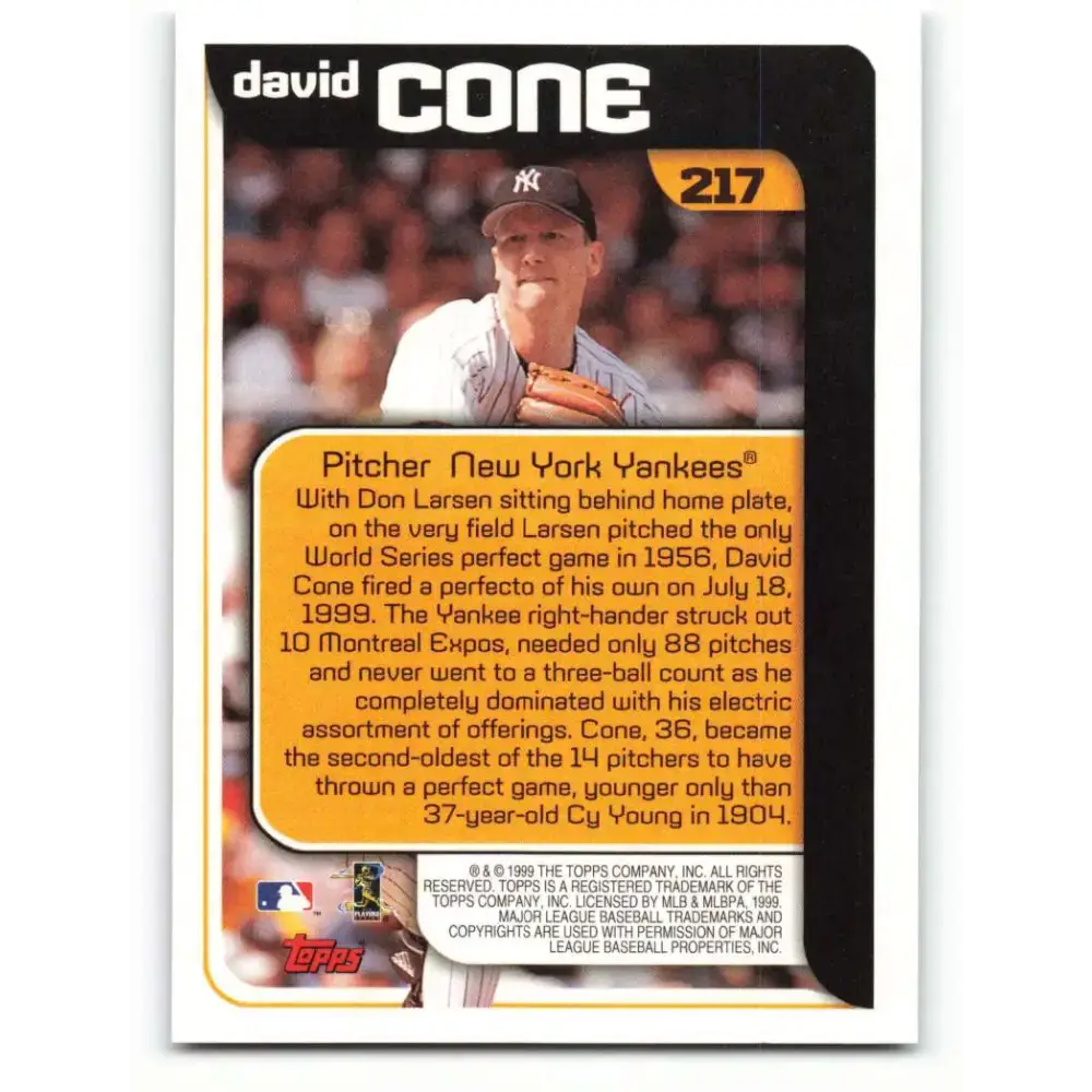 2000 Topps #217 David Cone EX Excellent New York Yankees Baseball Card - Baseball Card Single