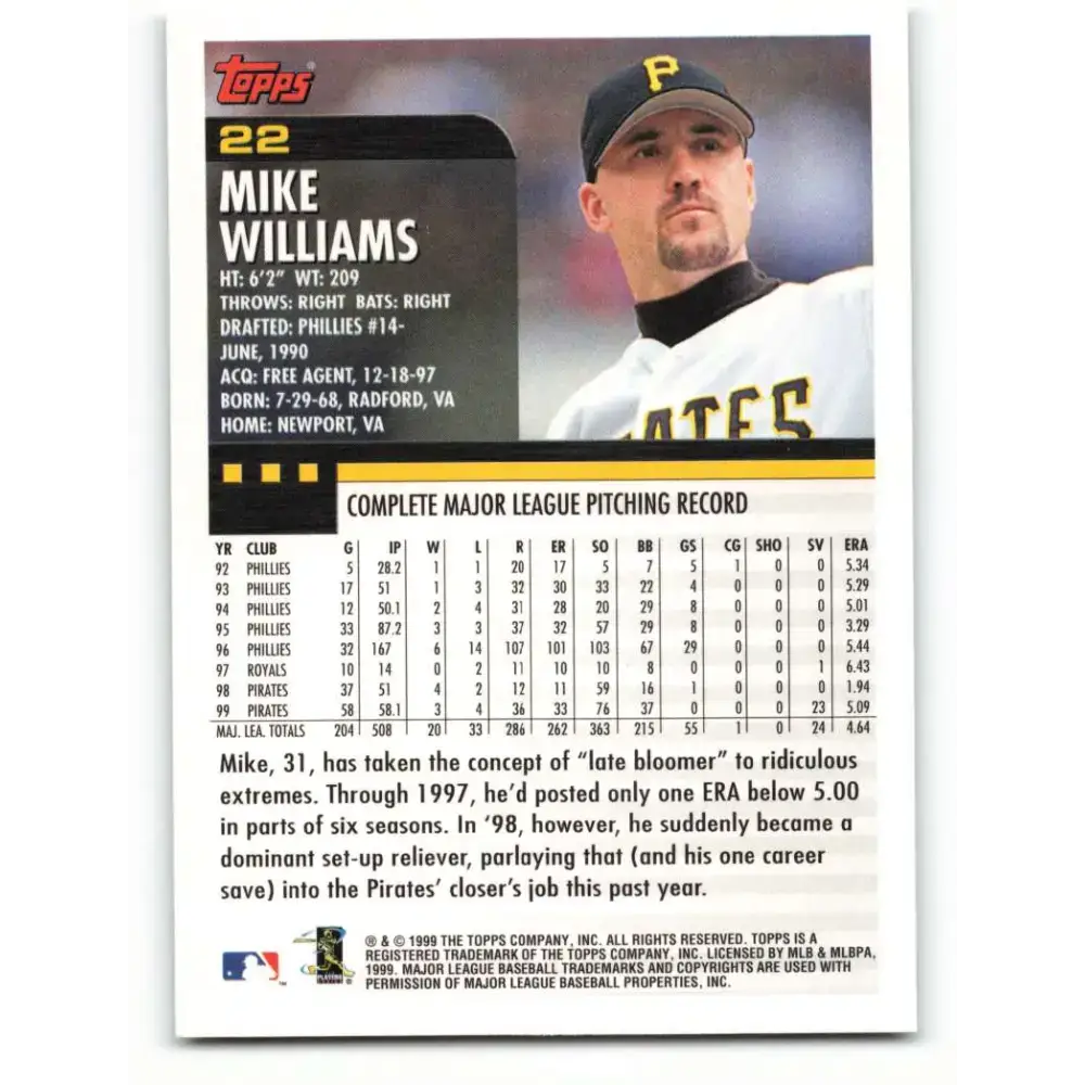 2000 Topps #22 Mike Williams EX Excellent Pittsburgh Pirates Baseball Card - Baseball Card Single