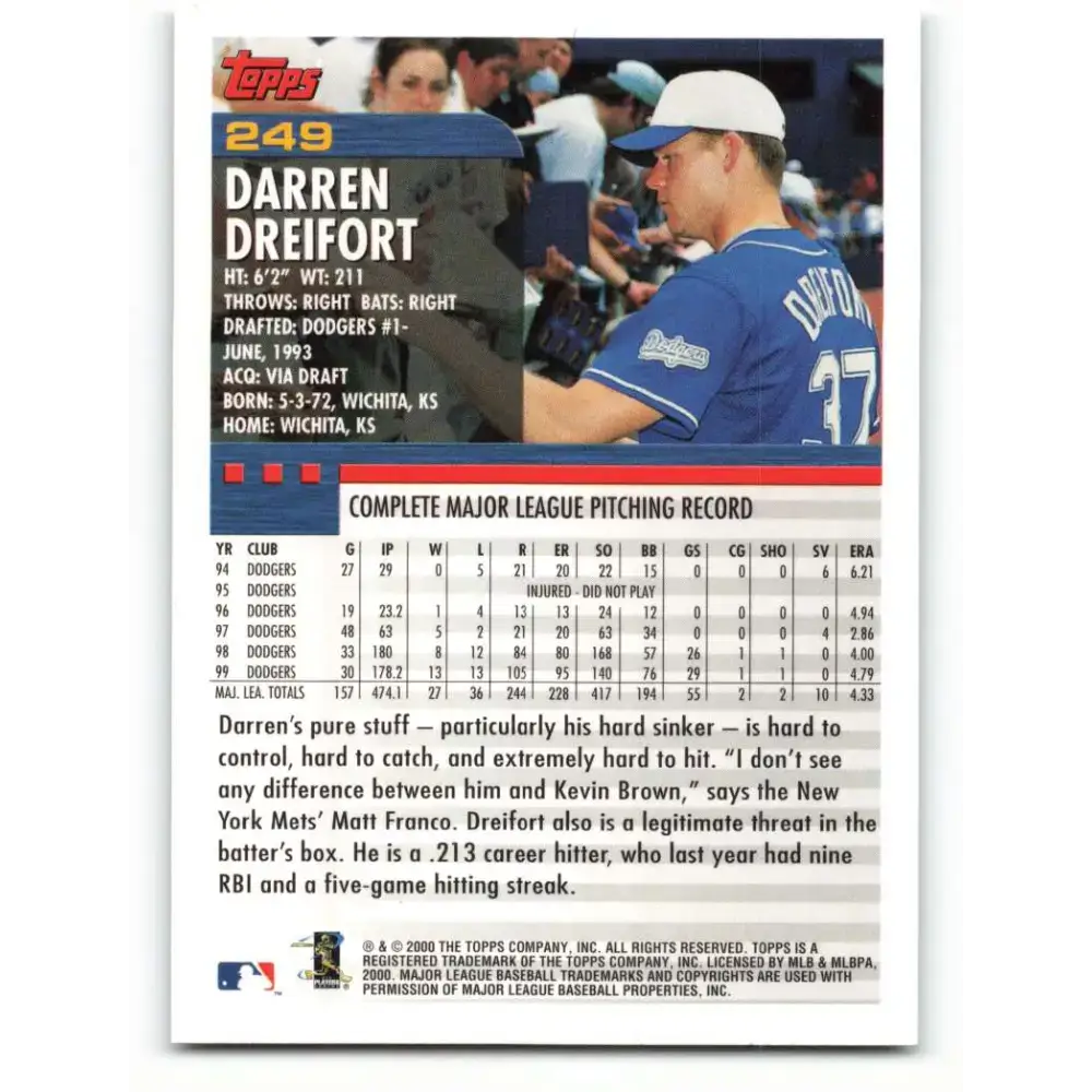2000 Topps #249 Darren Dreifort EX Excellent Los Angeles Dodgers Baseball Card - Baseball Card Single
