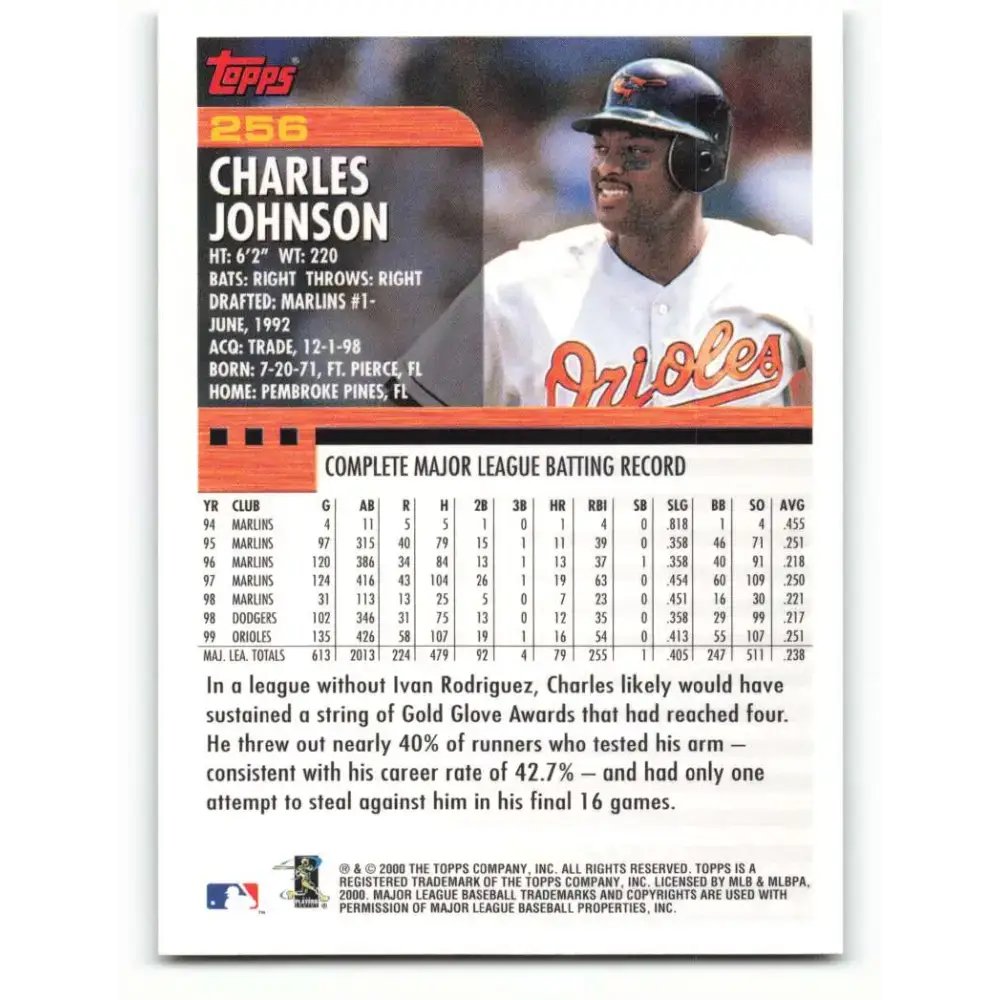2000 Topps #256 Charles Johnson EX Excellent Baltimore Orioles Baseball Card - Baseball Card Single