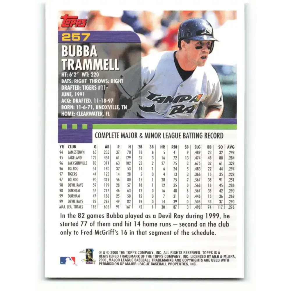 2000 Topps #257 Bubba Trammell EX Excellent Tampa Bay Devil Rays Baseball Card - Baseball Card Single