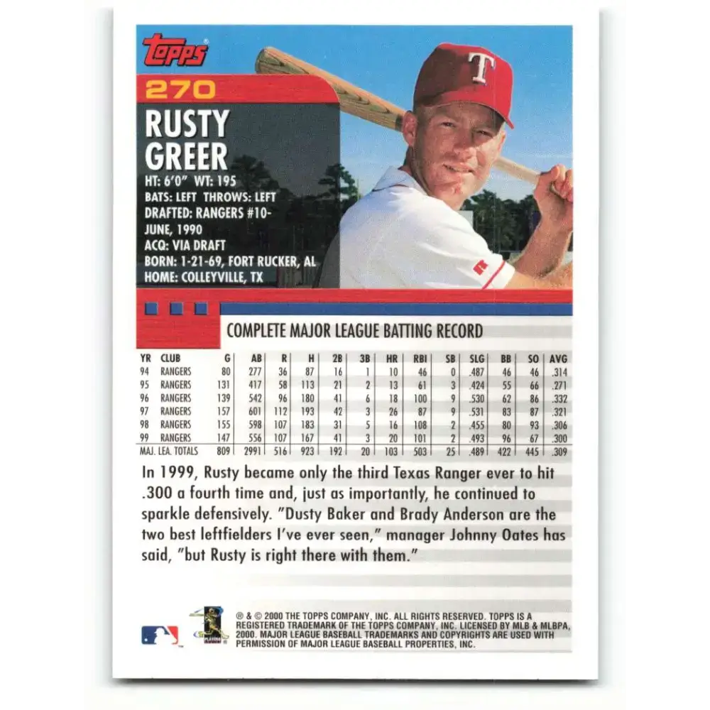 2000 Topps #270 Rusty Greer EX Excellent Texas Rangers Baseball Card - Baseball Card Single