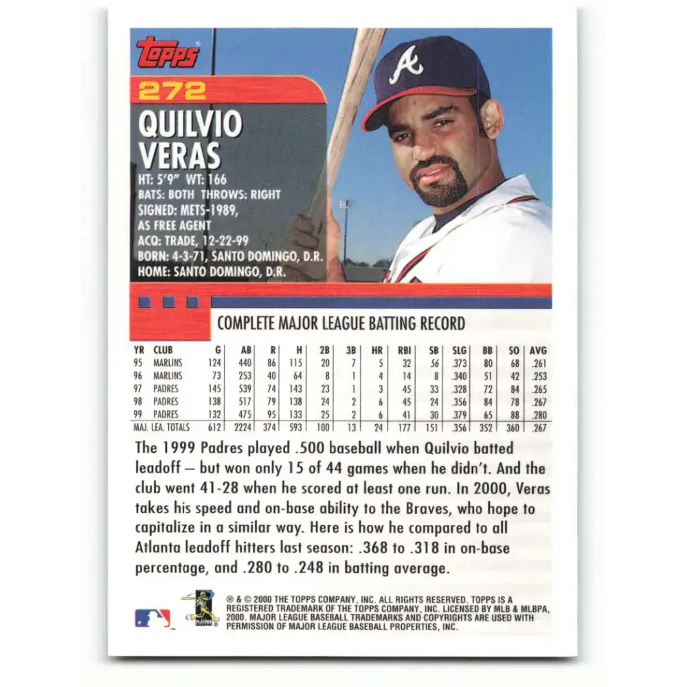 2000 Topps #272 Quilvio Veras EX Excellent Atlanta Braves Baseball Card - Baseball Card Single
