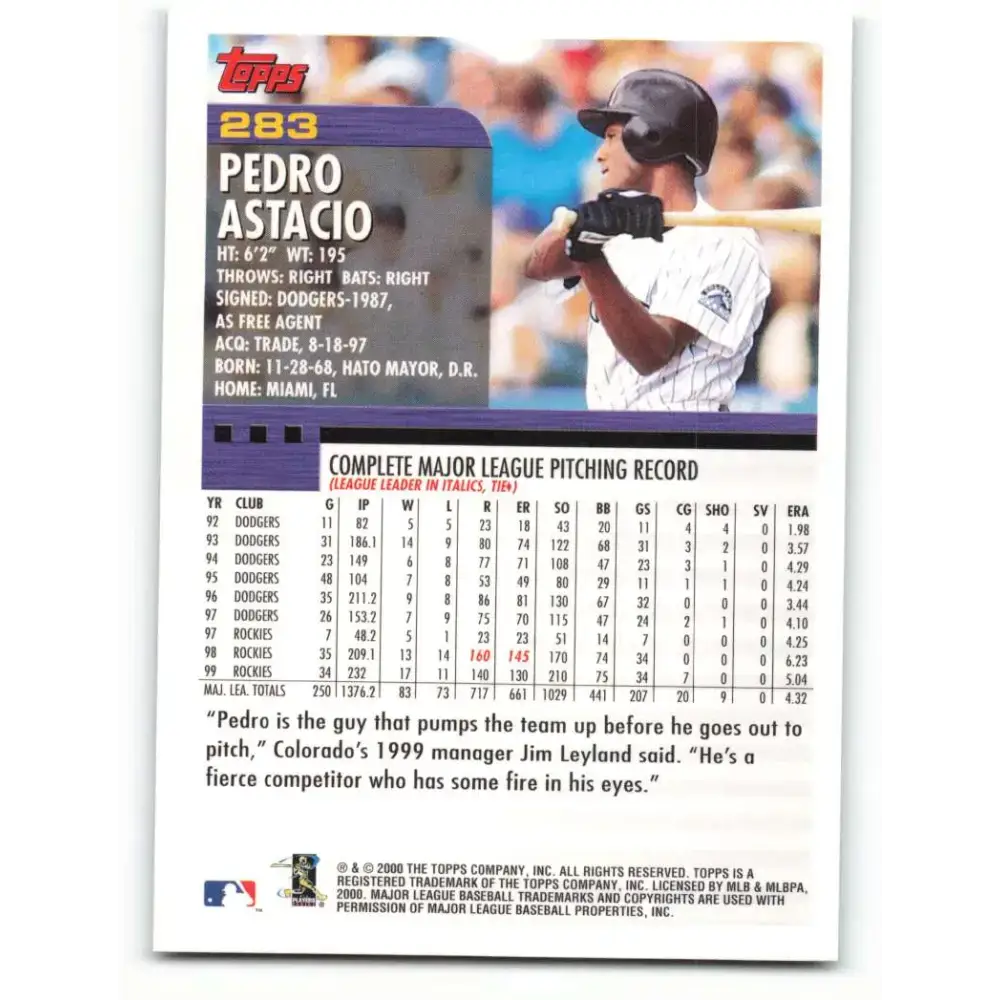 2000 Topps #283 Pedro Astacio EX Excellent Colorado Rockies Baseball Card - Baseball Card Single
