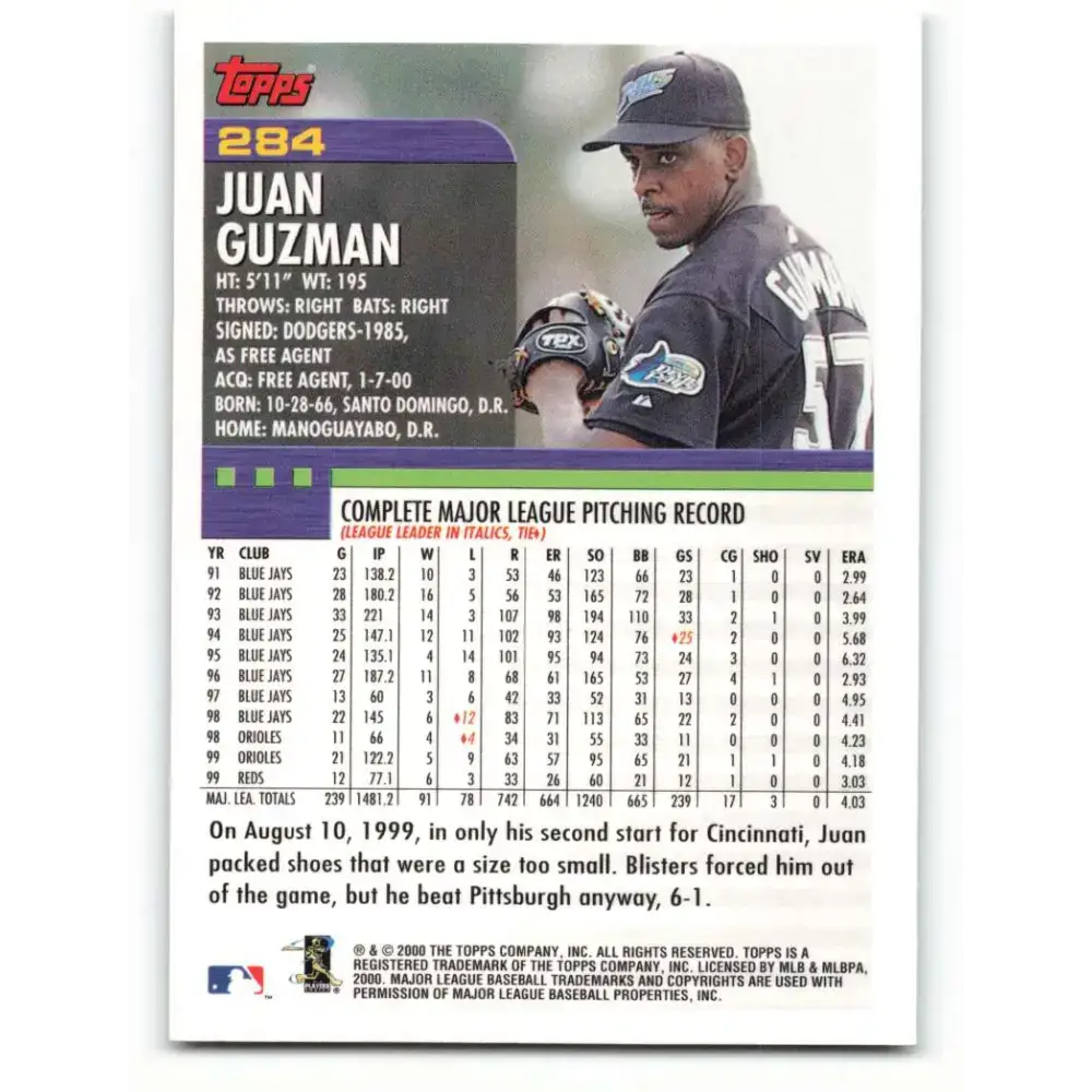 2000 Topps #284 Juan Guzman EX Excellent Tampa Bay Devil Rays Baseball Card - Baseball Card Single