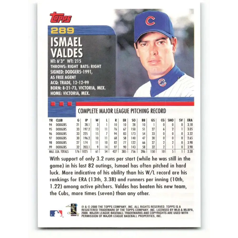 2000 Topps #289 Ismael Valdes EX Excellent Chicago Cubs Baseball Card - Baseball Card Single