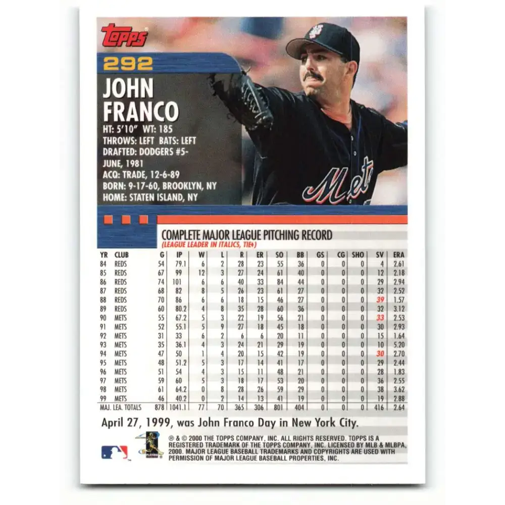 2000 Topps #292 John Franco EX Excellent New York Mets Baseball Card - Baseball Card Single
