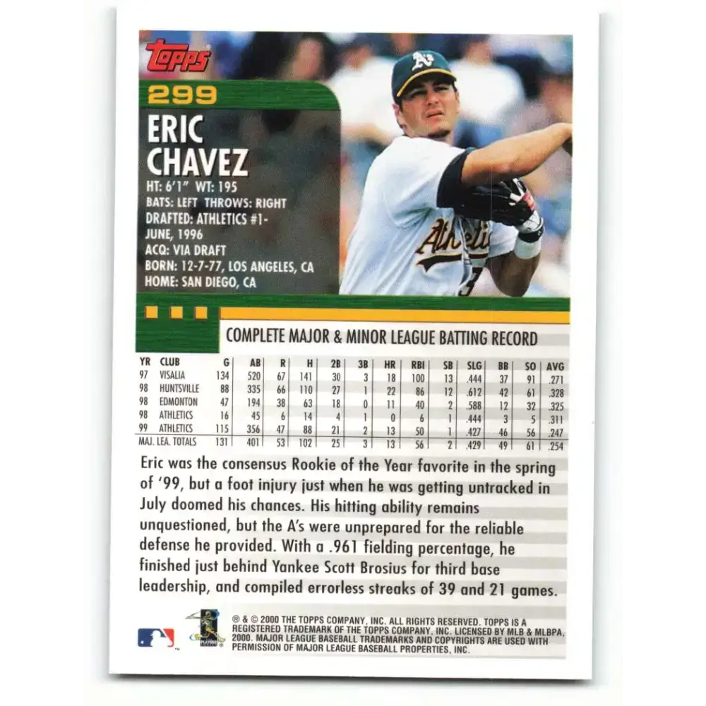 2000 Topps #299 Eric Chavez EX Excellent Oakland Athletics Baseball Card - Baseball Card Single