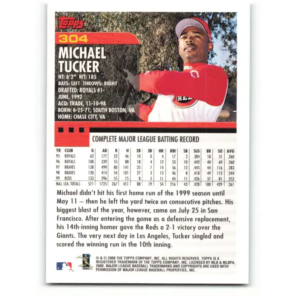 2000 Topps #304 Michael Tucker EX Excellent Cincinnati Reds Baseball Card - Baseball Card Single