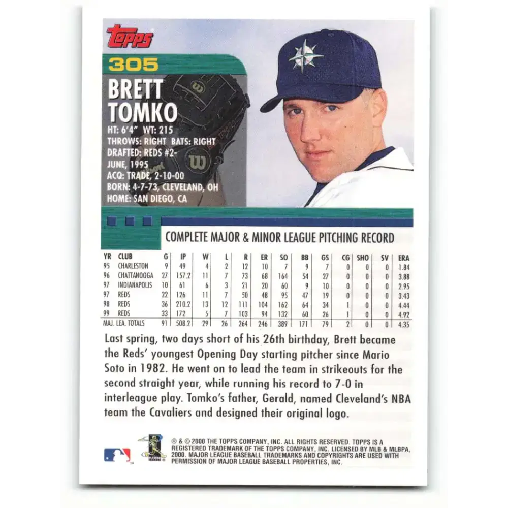 2000 Topps #305 Brett Tomko EX Excellent Seattle Mariners Baseball Card - Baseball Card Single