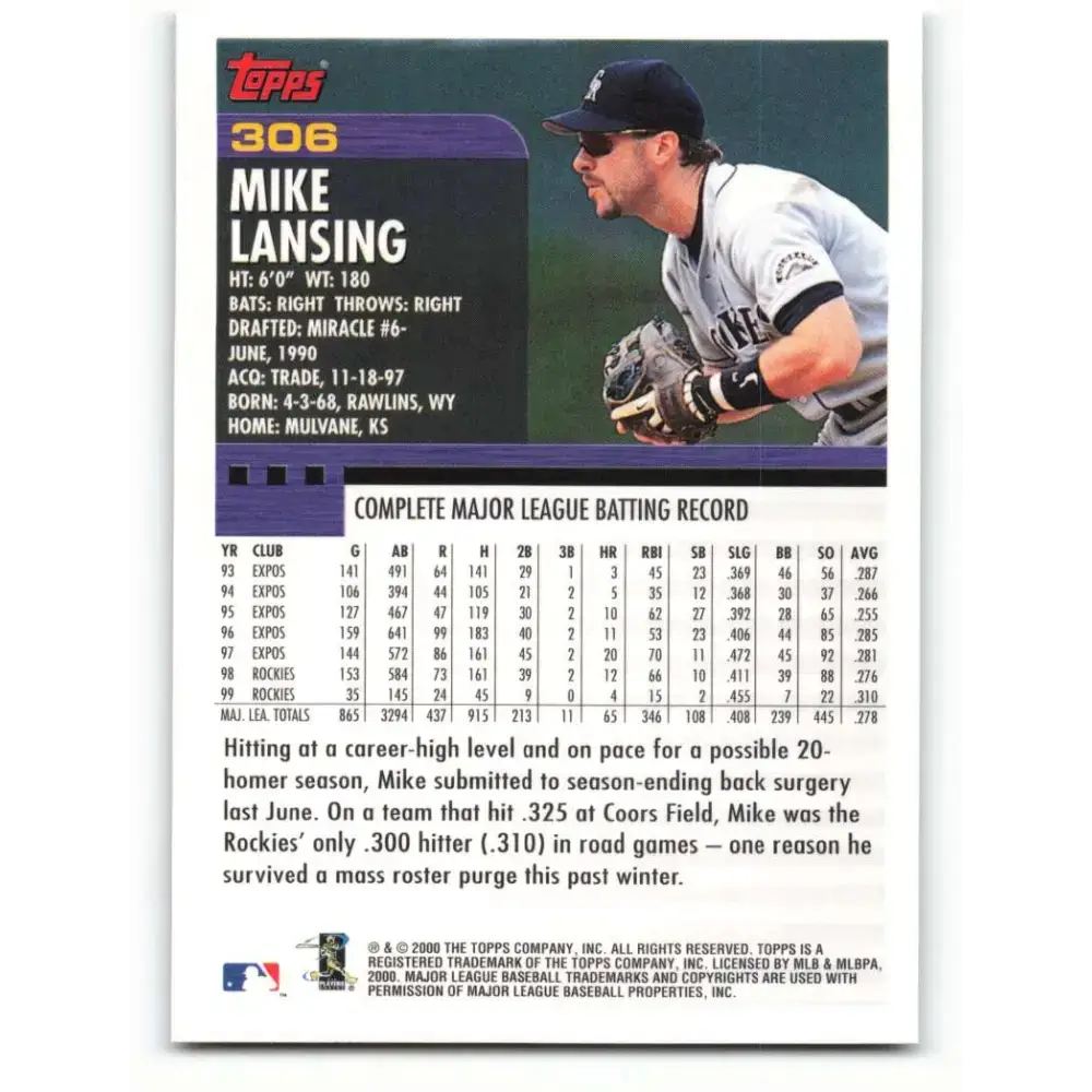 2000 Topps #306 Mike Lansing EX Excellent Colorado Rockies Baseball Card - Baseball Card Single