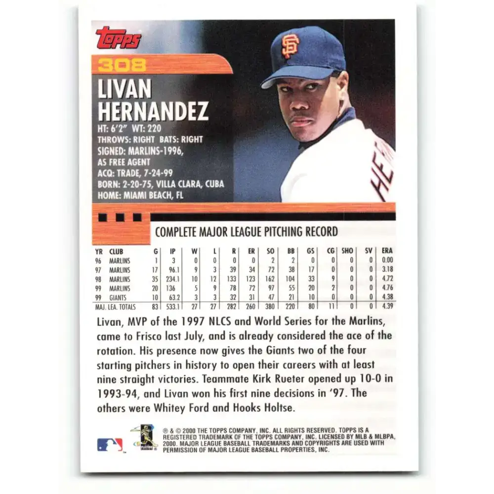 2000 Topps #308 Livan Hernandez EX Excellent San Francisco Giants Baseball Card - Baseball Card Single