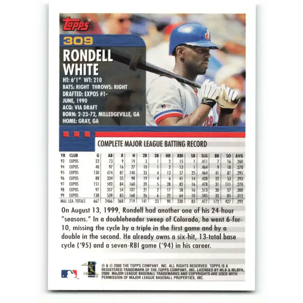 2000 Topps #309 Rondell White EX Excellent Montreal Expos Baseball Card - Baseball Card Single