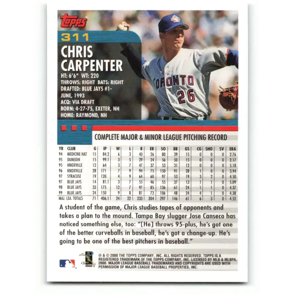 2000 Topps #311 Chris Carpenter EX Excellent Toronto Blue Jays Baseball Card - Baseball Card Single
