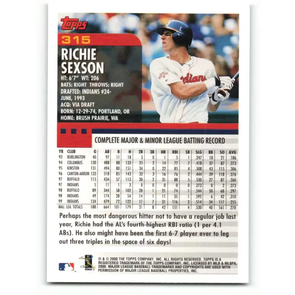 2000 Topps #315 Richie Sexson EX Excellent Cleveland Indians Baseball Card - Baseball Card Single
