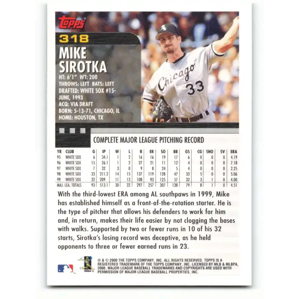2000 Topps #318 Mike Sirotka EX Excellent Chicago White Sox Baseball Card - Baseball Card Single