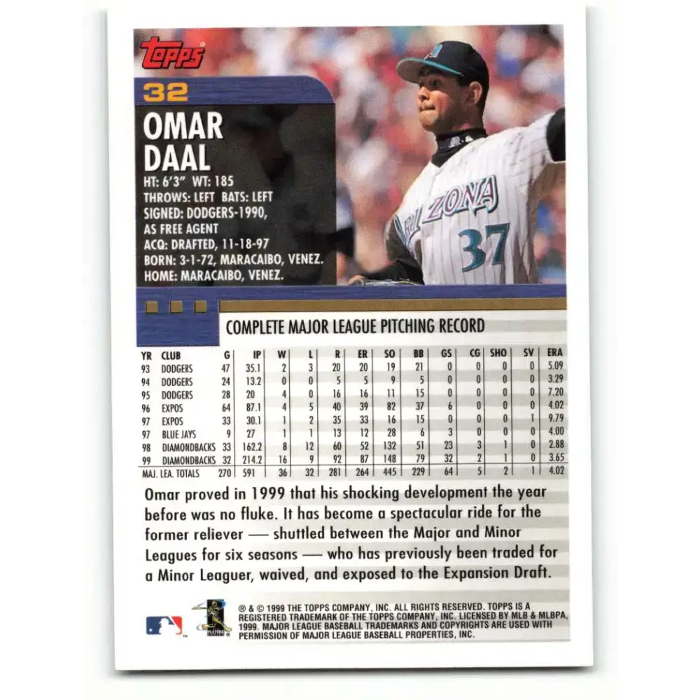 2000 Topps #32 Omar Daal EX Excellent Arizona Diamondbacks Baseball Card - Baseball Card Single