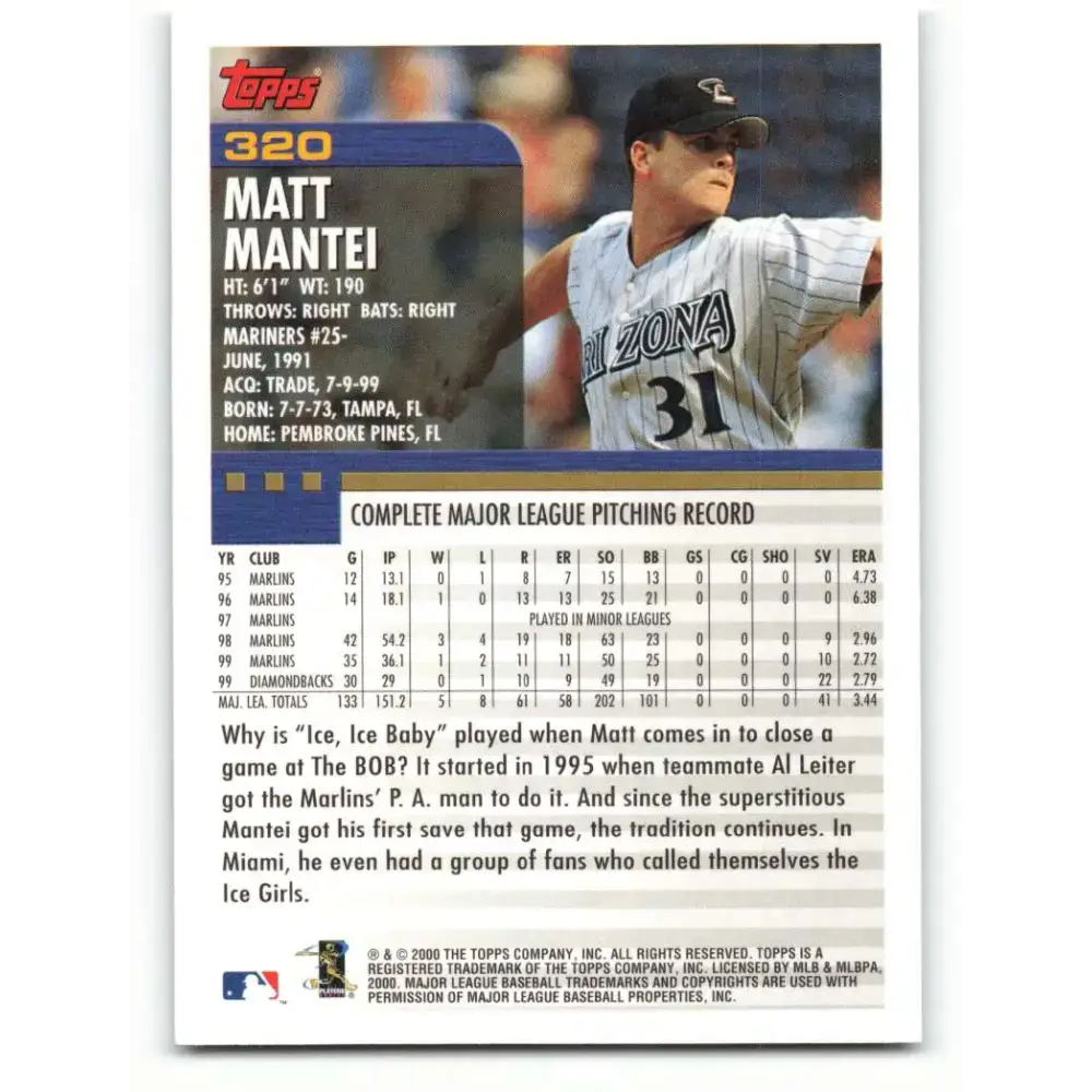 2000 Topps #320 Matt Mantei EX Excellent Arizona Diamondbacks Baseball Card - Baseball Card Single