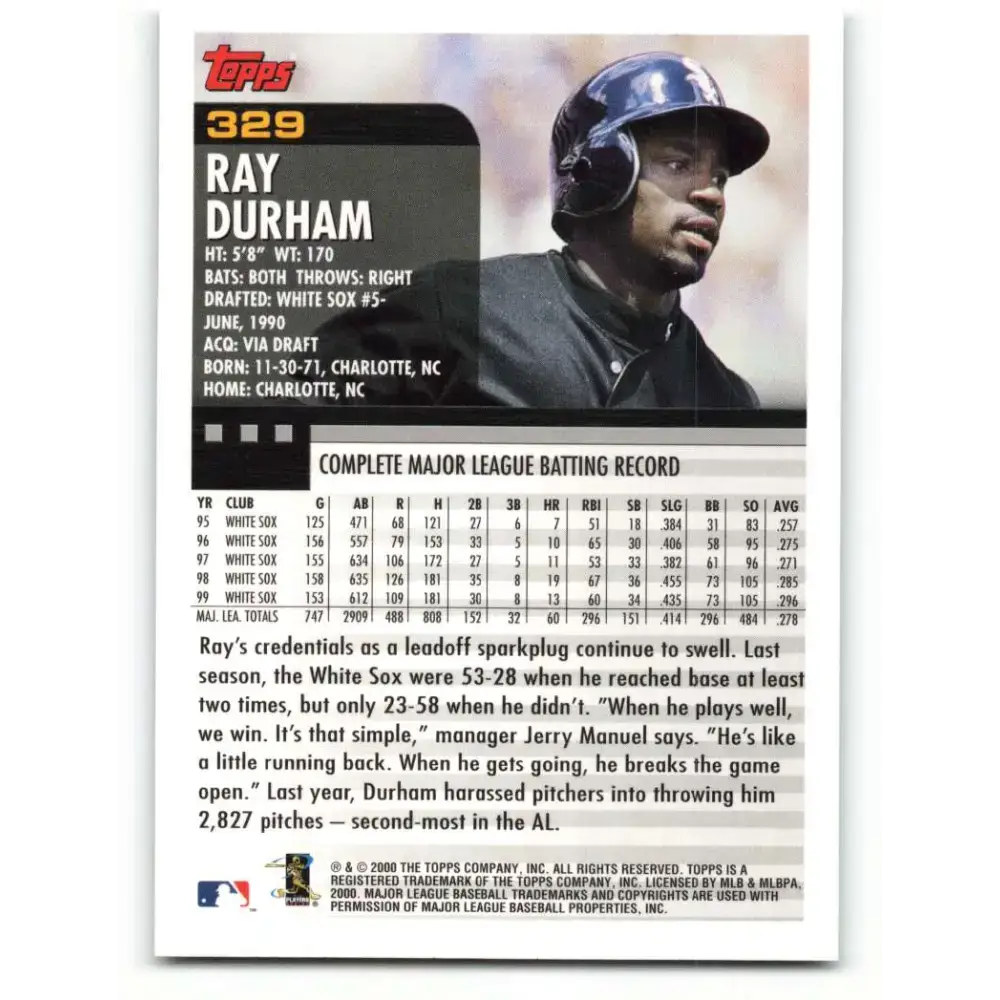 2000 Topps #329 Ray Durham EX Excellent Chicago White Sox Baseball Card - Baseball Card Single