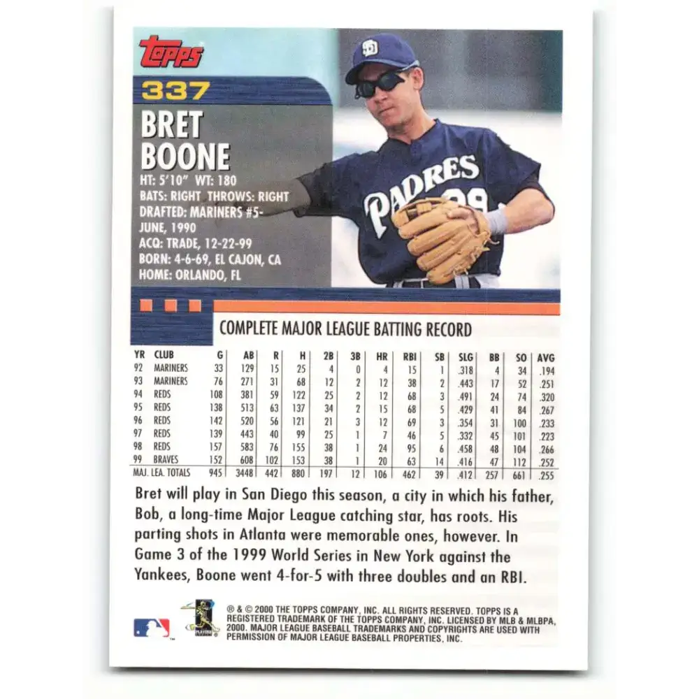 2000 Topps #337 Bret Boone EX Excellent San Diego Padres Baseball Card - Baseball Card Single