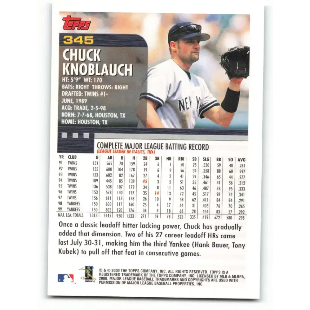 2000 Topps #345 Chuck Knoblauch EX Excellent New York Yankees Baseball Card - Baseball Card Single