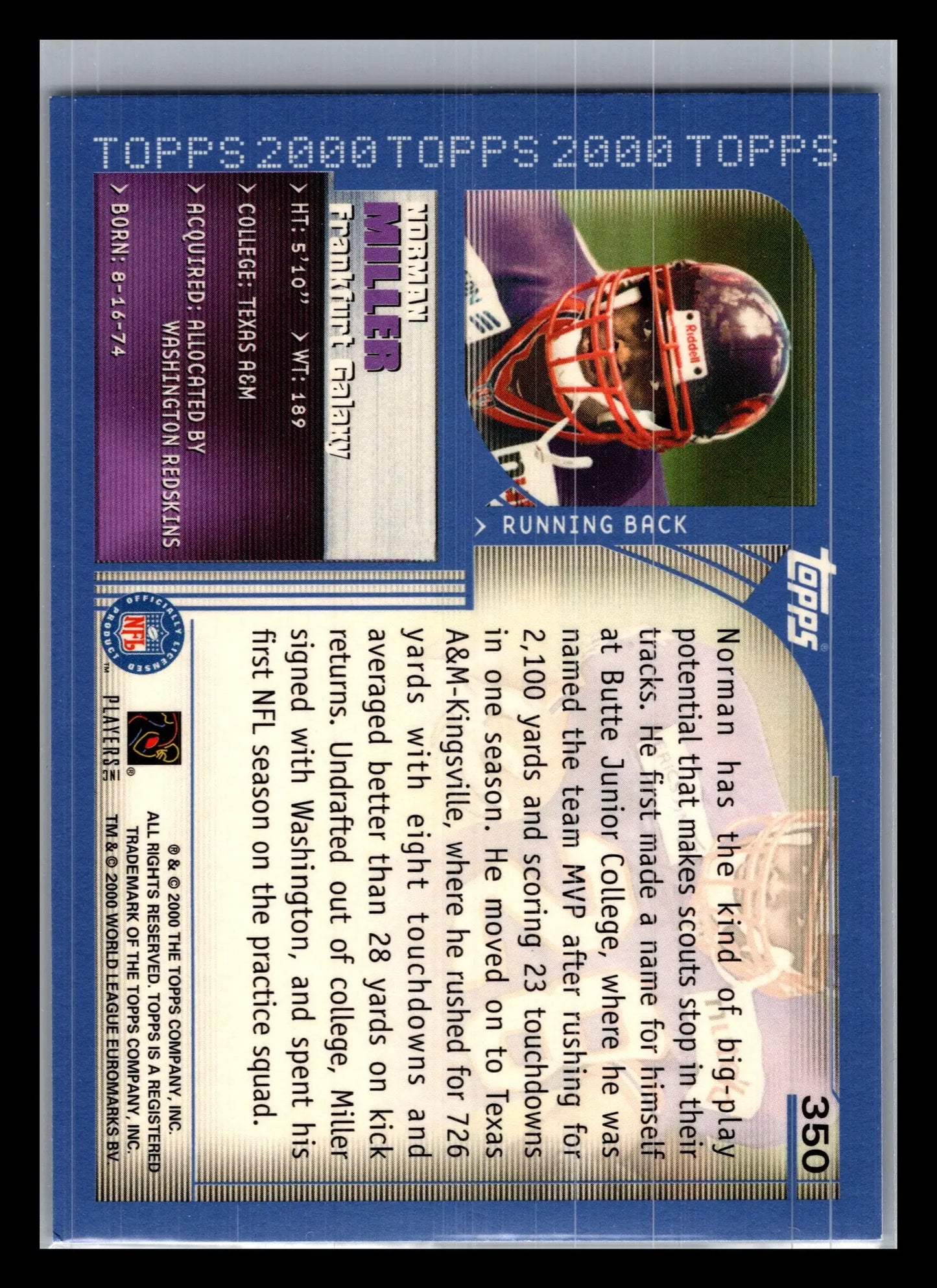 2000 Topps #350 Norman Miller Frankfurt Galaxy Rookie - Football Card Single