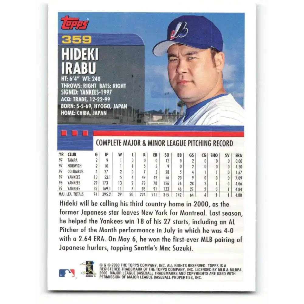 2000 Topps #359 Hideki Irabu EX Excellent Montreal Expos Baseball Card - Baseball Card Single