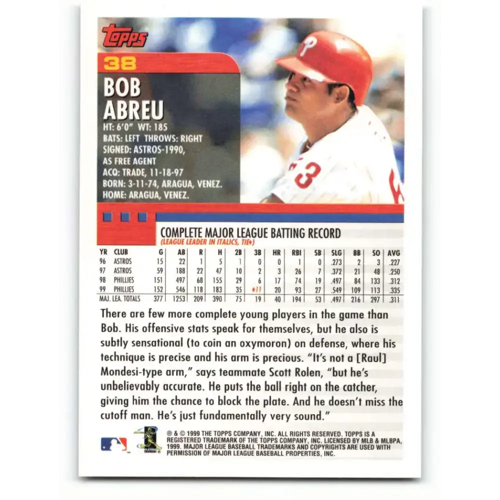 2000 Topps #38 Bobby Abreu EX Excellent Philadelphia Phillies Baseball Card - Baseball Card Single