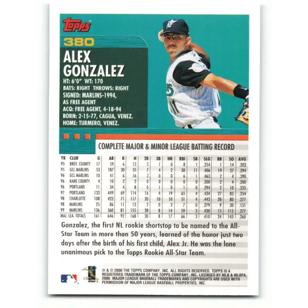2000 Topps #380 Alex Gonzalez EX Excellent Florida Marlins Baseball Card - Baseball Card Single