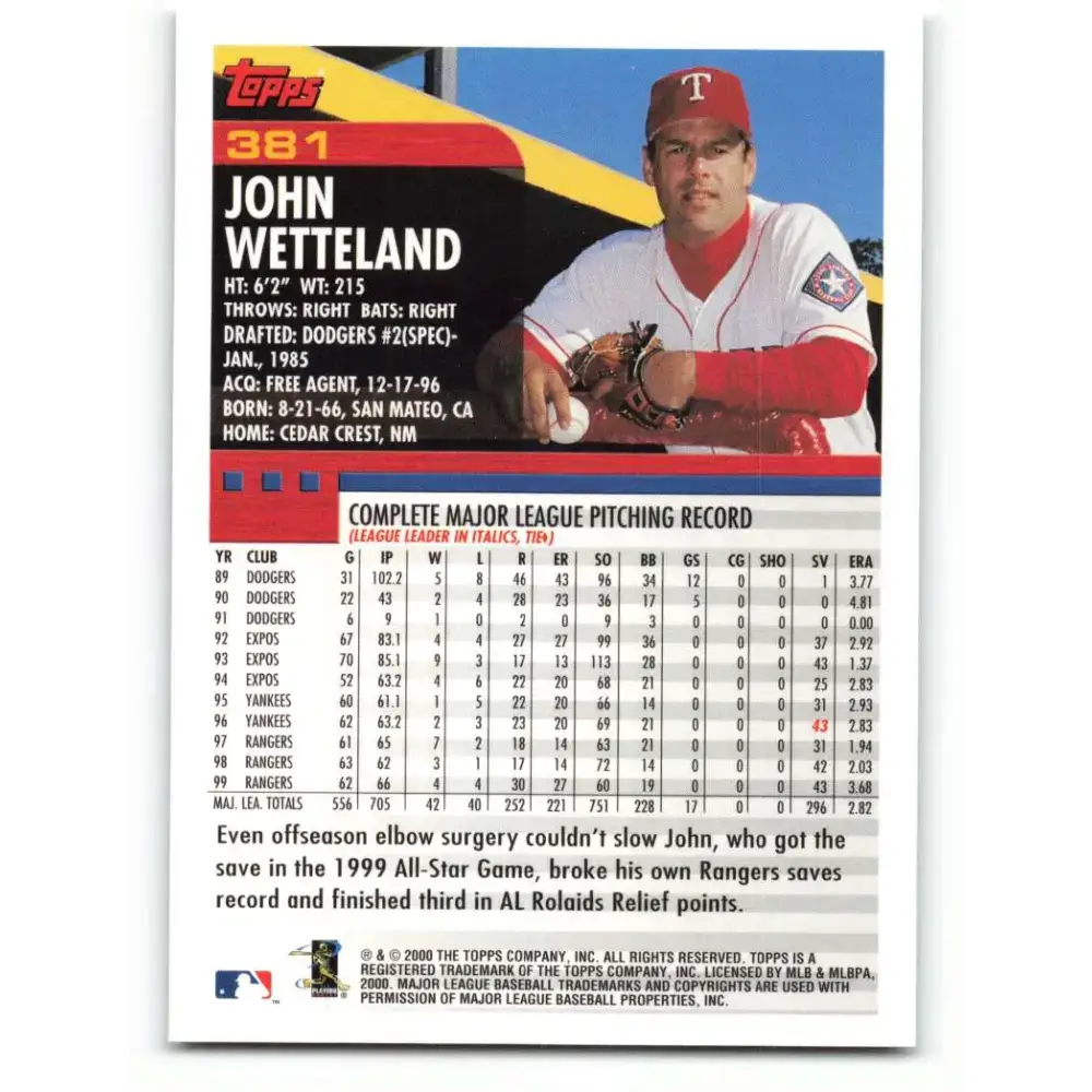 2000 Topps #381 John Wetteland EX Excellent Texas Rangers Baseball Card - Baseball Card Single