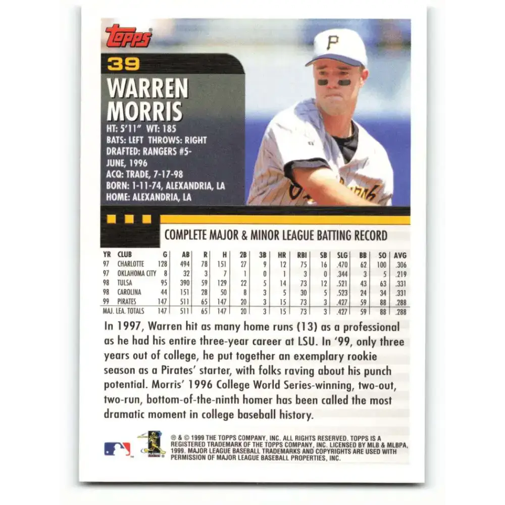 2000 Topps #39 Warren Morris EX Excellent Pittsburgh Pirates Baseball Card - Baseball Card Single