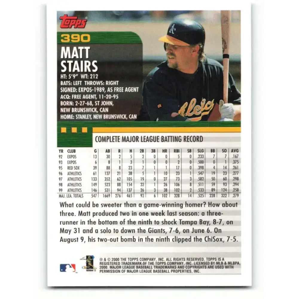2000 Topps #390 Matt Stairs EX Excellent Oakland Athletics Baseball Card - Baseball Card Single