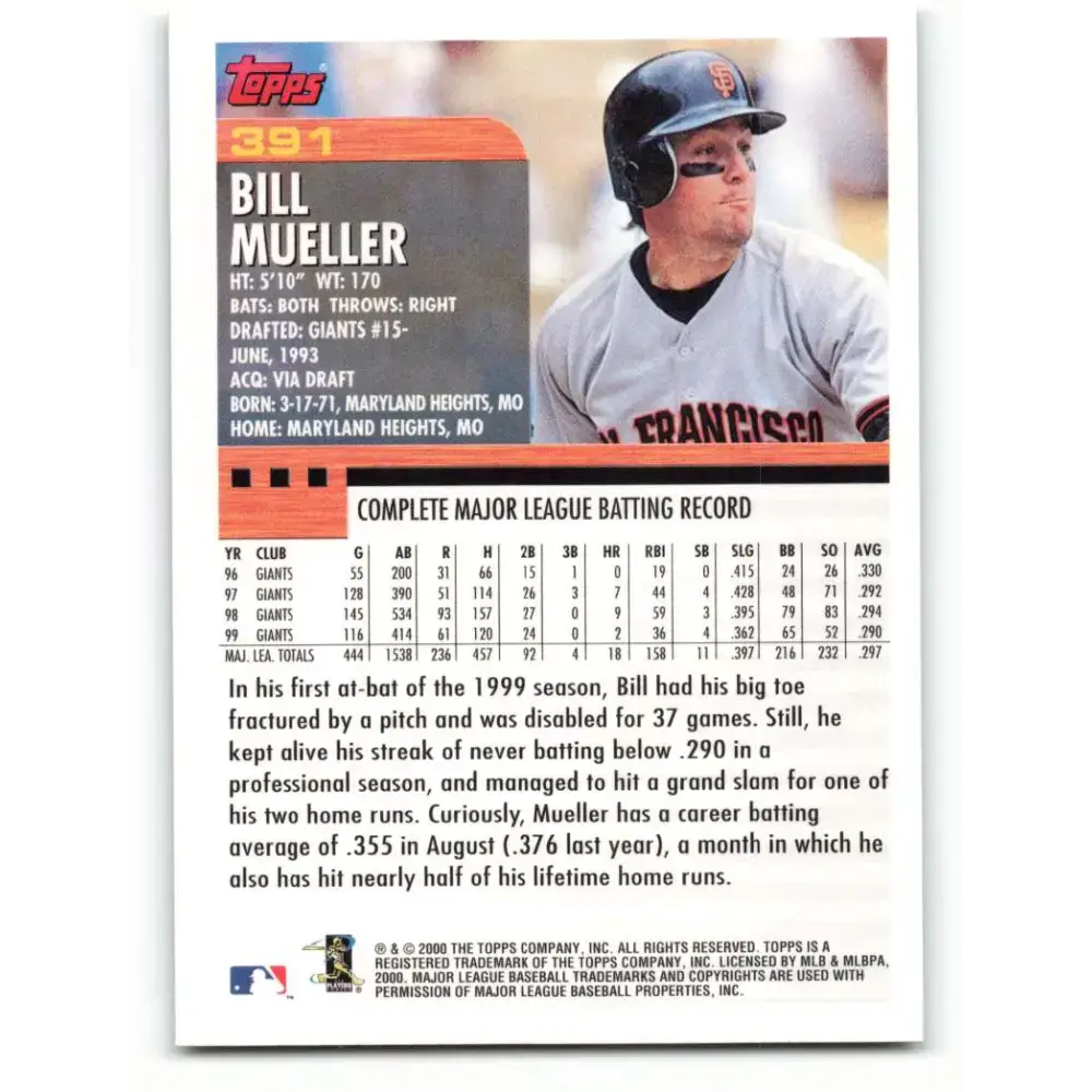 2000 Topps #391 Bill Mueller EX Excellent San Francisco Giants Baseball Card - Baseball Card Single