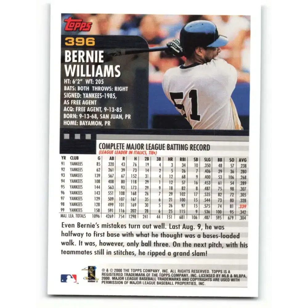 2000 Topps #396 Bernie Williams EX Excellent New York Yankees Baseball Card - Baseball Card Single