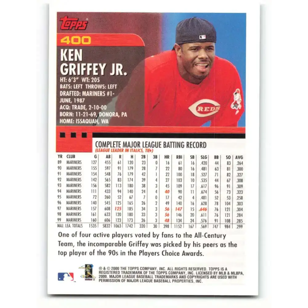 2000 Topps #400 Ken Griffey Jr. EX Excellent Cincinnati Reds Baseball Card - Baseball Card Single