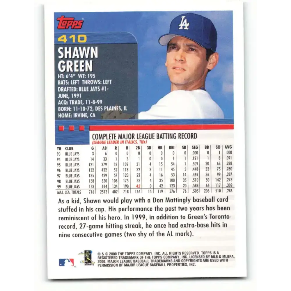 2000 Topps #410 Shawn Green EX Excellent Los Angeles Dodgers Baseball Card - Baseball Card Single