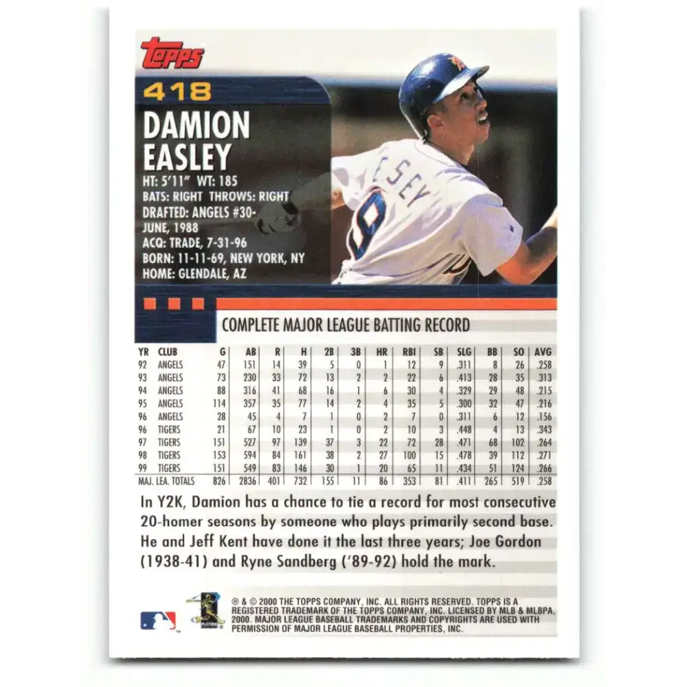 2000 Topps #418 Damion Easley EX Excellent Detroit Tigers Baseball Card - Baseball Card Single